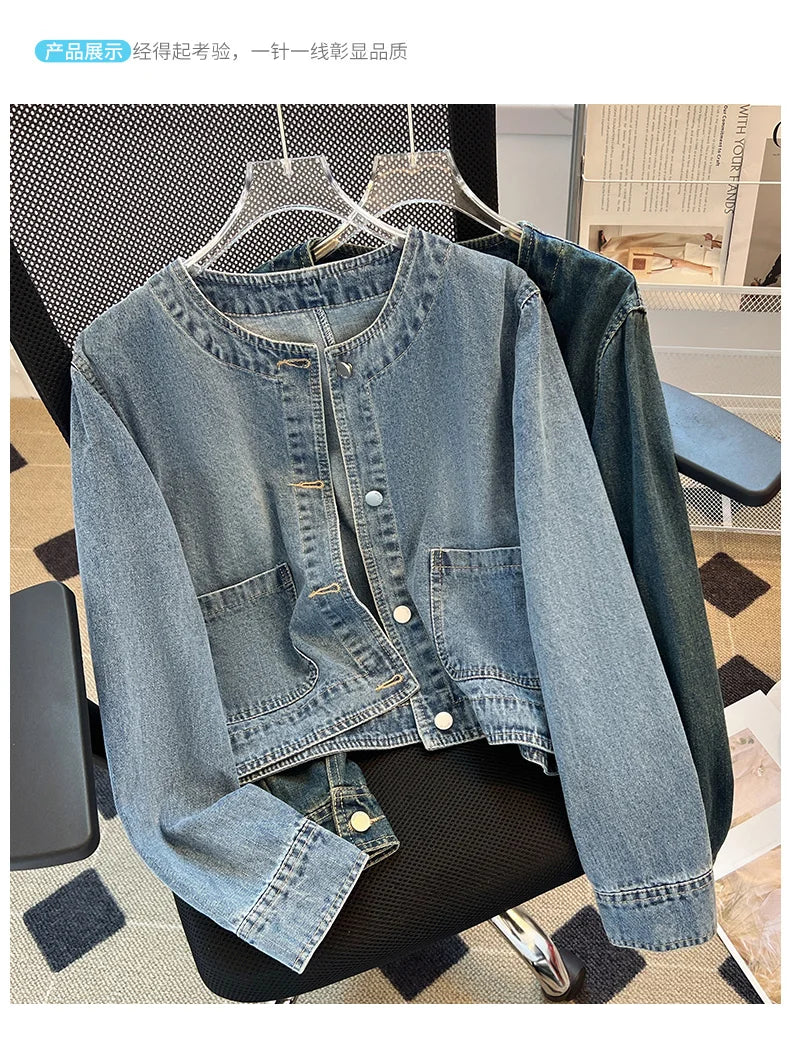 Hnewly  Light Blue Retro Denim Jacket Women's Spring Single Breasted Loose Cardigan Short Top Autumn O-Neck Long Sleeve All-Matched Top