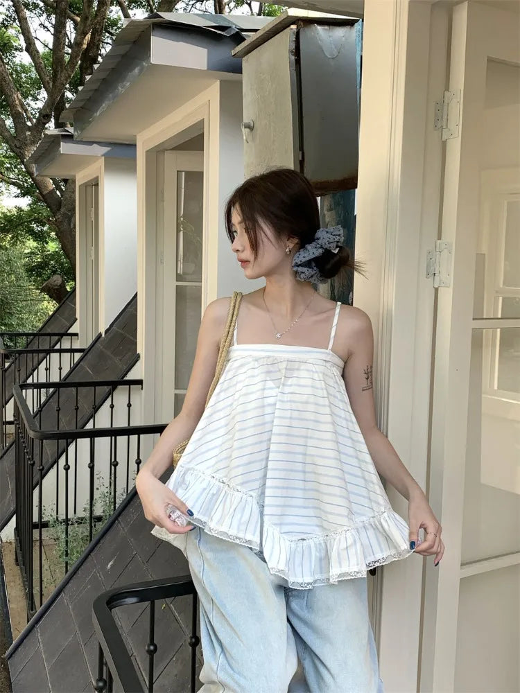 Hnewly  Striped Camis Women Lace Patchwork Summer Fashion Loose Slash Neck Chic Sweet Tank Tops Female Casual Backless