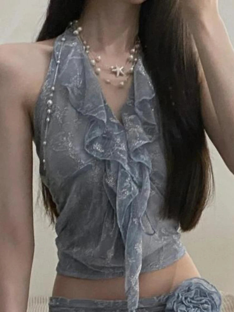 Hnewly Summer Two Pieces Set Summer Halter Print Slim Sweet Ruffled Vest + Women Y2k Aesthetic Streetwear 3D Flower Grunge Mini Skirts
