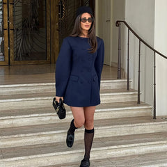 Hnewly  Elegant Double Breasted Short Dress Women O-neck Long Puff Sleeve Female Blazer Dresses Spring Lady Commute Party Robes