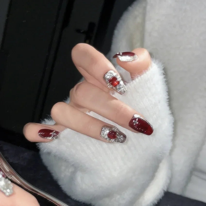 Hnewly 10Pcs Handmade Press on Nails Full Cover Cat Eye Rhinestone Design Nude Color French Ballerina False Nails Manicure Nail Tips