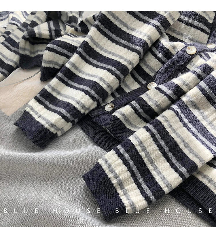 Hnewly  Women's Retro Striped Sweater Korean V-neck Contrasting Spring Autumn Long Sleeved Knitted Cardigan Coat  All-Matchded Loose Top