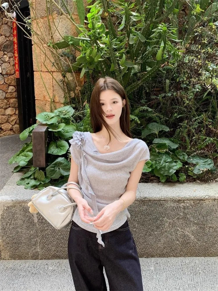 Hnewly  Fashion T Shirts Women Flowers Swinging Collar Short Sleeve Summer Fashion Sweet Elegant Tops Female Casual Tshirt