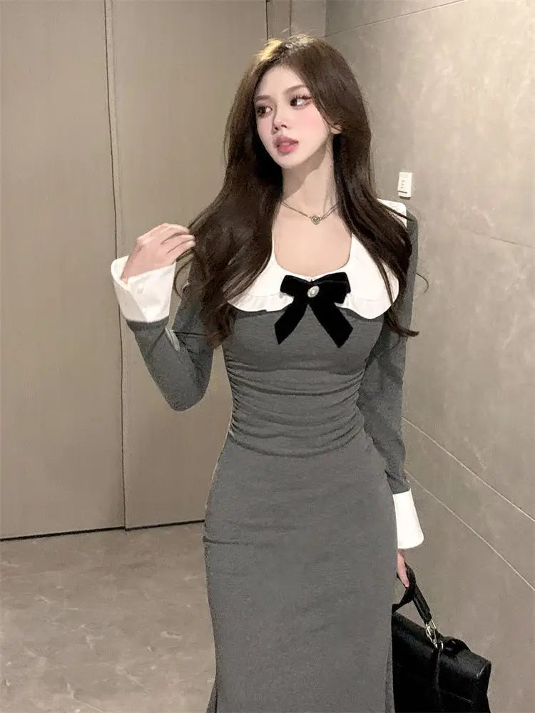 Hnewly spring 2025 fashion trend Baby Doll Collar Long Sleeve Women High-end Slimming Fishtail Long Dress
