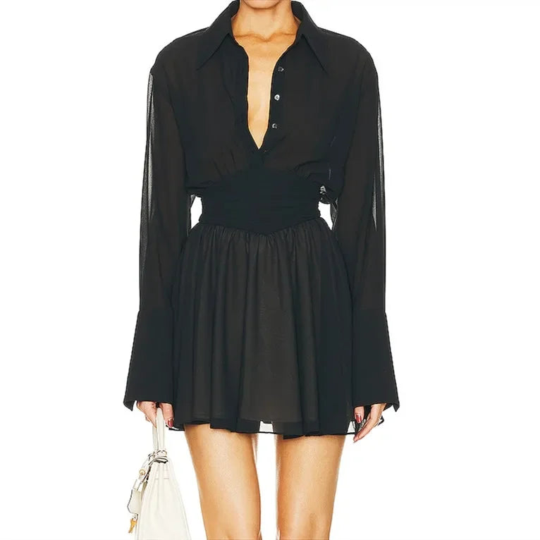 Hnewly  Women Elegant Shirt Dress Mesh Sheer Long Sleeve Turn-Down Collar Pleated A-line Mini Dress Autumn Vintage Sexy Clothes