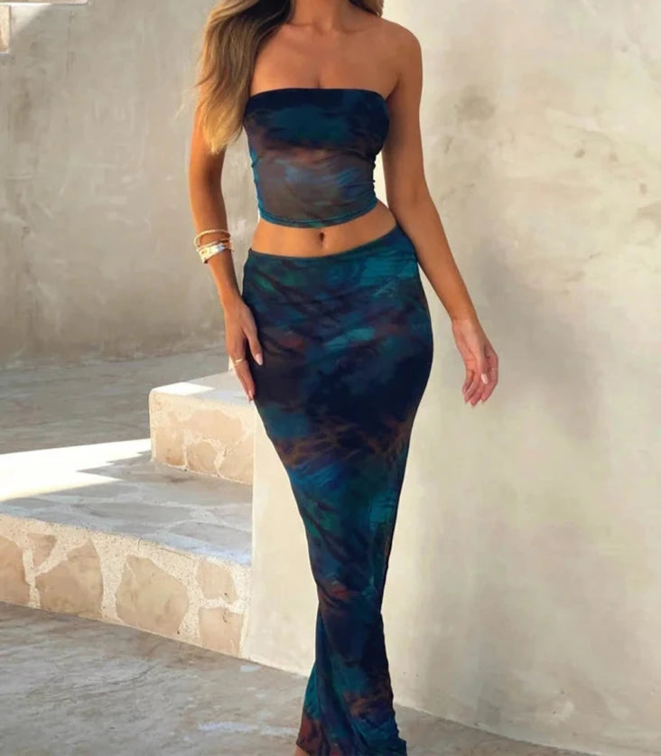 Hnewly Women Sexy 2 Piece Skirt Set Printed Patterns Long Sleeve Crop Top Split Midi Skirts Outfit Y2k Trendy