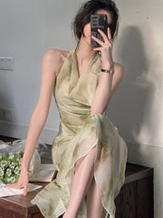 Hnewly Vintage Sexy Sleeveless Neck-mounted Party Maxi Dresses for Women Halter Spaghetti Strap Folds Midi Dress Elegant Fashion Summer