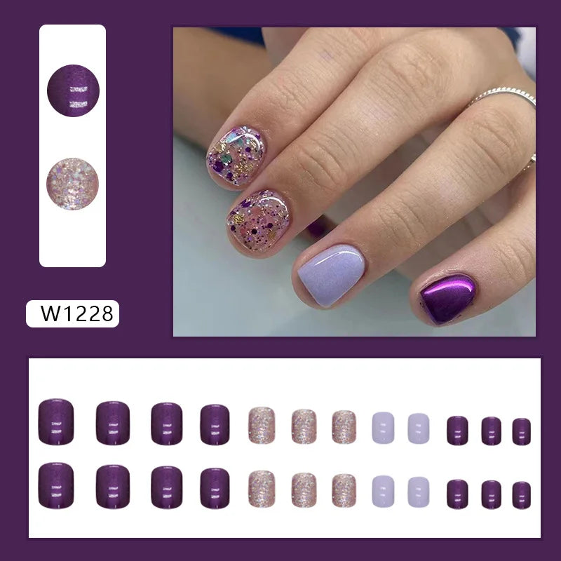 Hnewly 24pcs Purple Square False Nails Glitter Crystal Short French Fake Nails Full Cover Press on Nails Faux Fingernails Nail Tips
