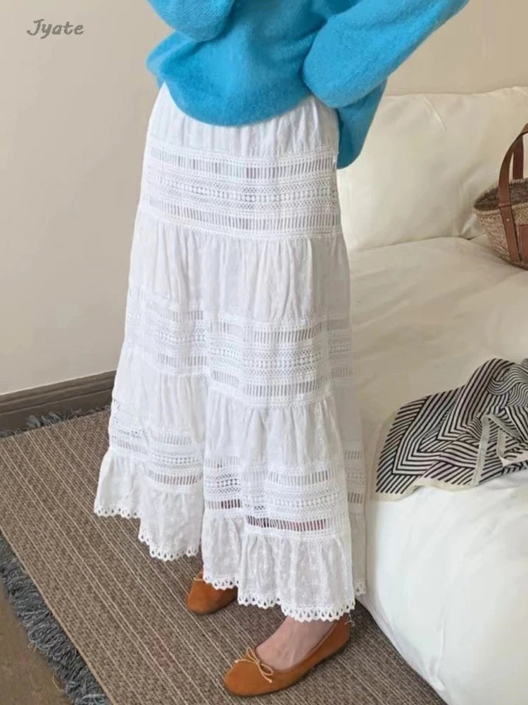 Hnewly   Hollow Lace Spliced White Long Skirt 2025 Spring Summer New Elastic Waist Cotton A-line Vacation Beach Boho Skirt