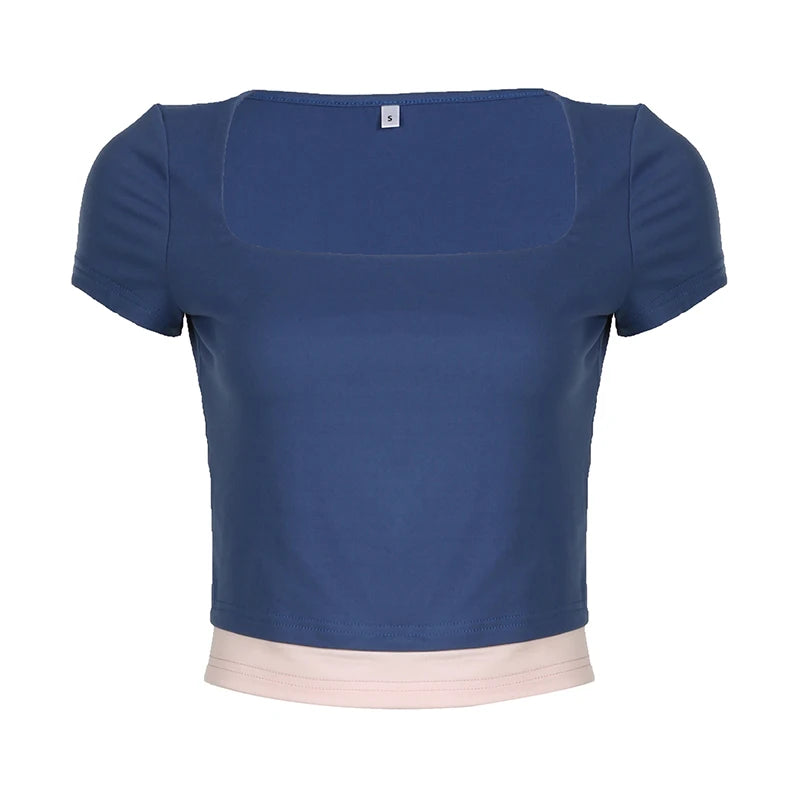 Hnewly Fake Two-piece Cropped Top Patchwork Square Collar Short Sleeve T Shirt Women Skinny Basic Tee Summer Y2k Aesthetic Shirt