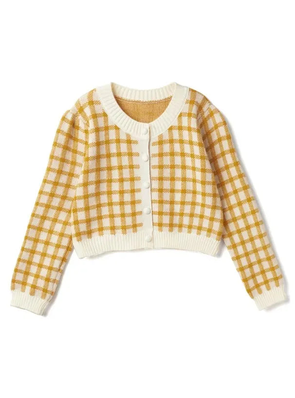 Hnewly  Women Checkerboard Crop Knit Cardigan Sweater Long Sleeve Button-up Box-fit Plaid Knit Top Teenage Girls Outfit