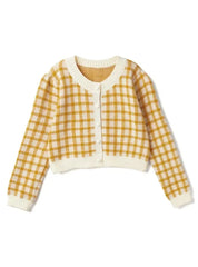 Hnewly  Women Checkerboard Crop Knit Cardigan Sweater Long Sleeve Button-up Box-fit Plaid Knit Top Teenage Girls Outfit