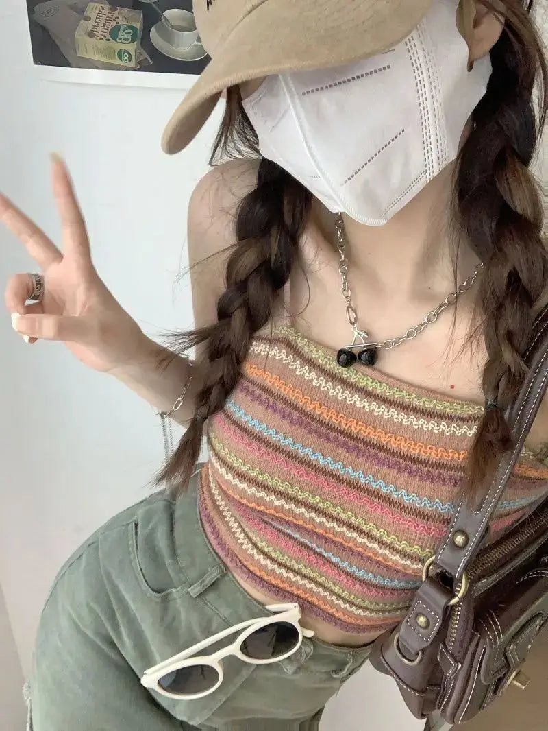 Hnewly  Women's Striped Strapl Vest Svel T-irt Overhead Strap Vest Casual Summer Faion Ladies' Clothing