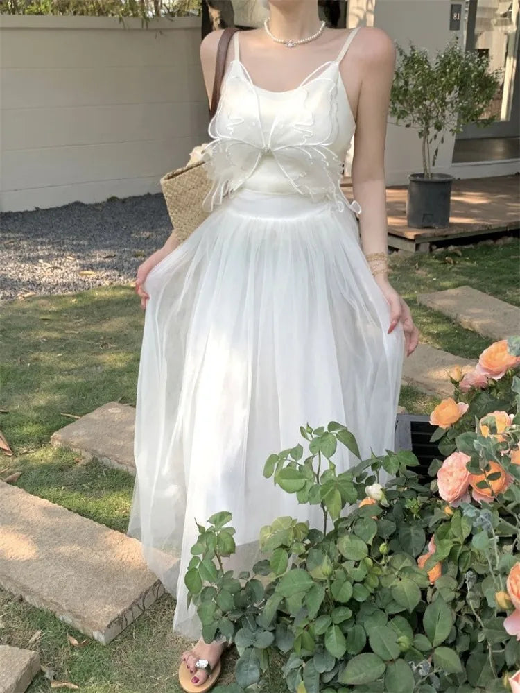 Hnewly  Woman Dress Sleeveless Butterfly Mesh Patchwork Slim Backless Holiday Princess Sweet Elegant Dresses Female Chic