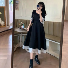 Hnewly  Lolita Unique Large Size Black Dress Women's New Style Hepburn Style Korean Daisy Lace Long Skirt Midi Dress