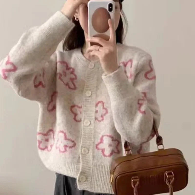Hnewly  Cute Floral Knitted Cardigan for Women Cozy O-neck Button Front Sweater Jacket Teen-girl Fall Winter Korean Fashion Outfit