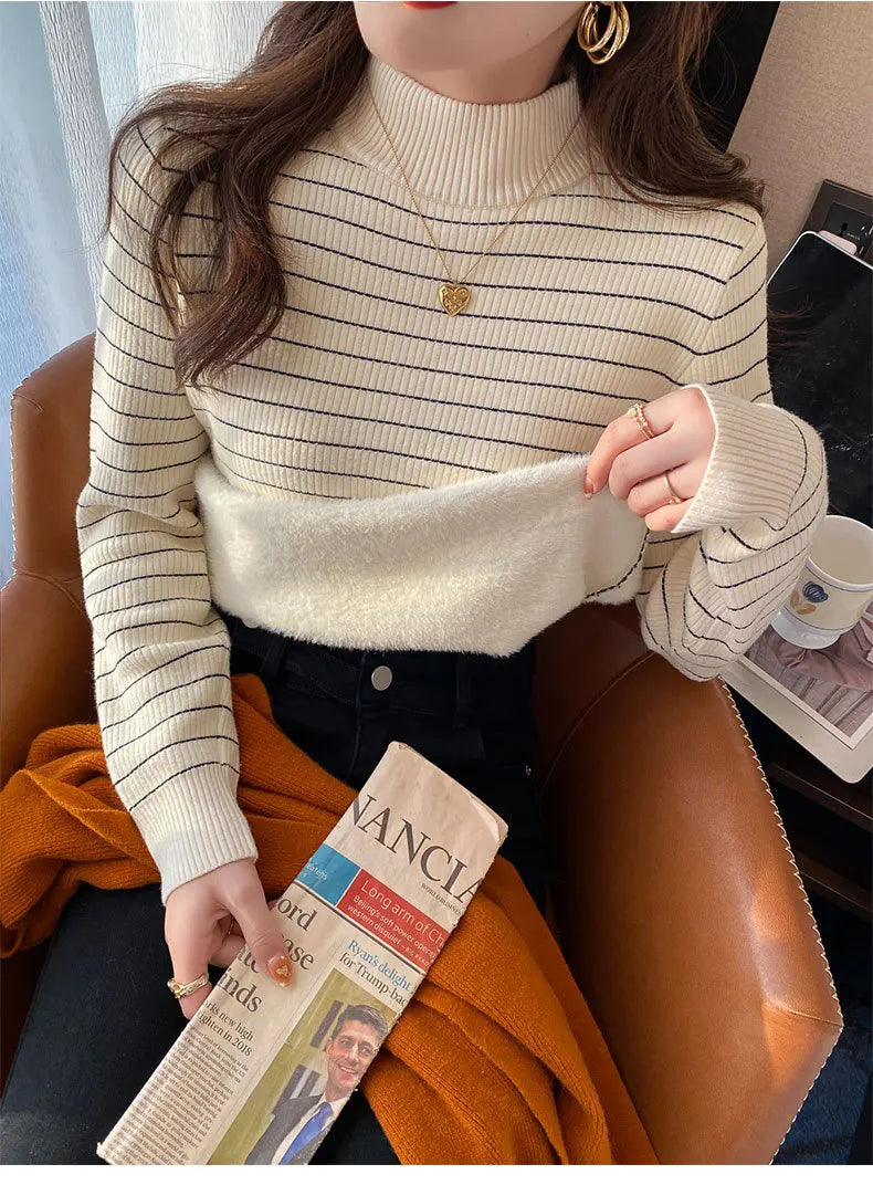Hnewly  Half High Collar Striped Sweater Velvet Bottoming Shirts for Women's Autumn Winter Thicked Warm Pullover Slim Knitting Top