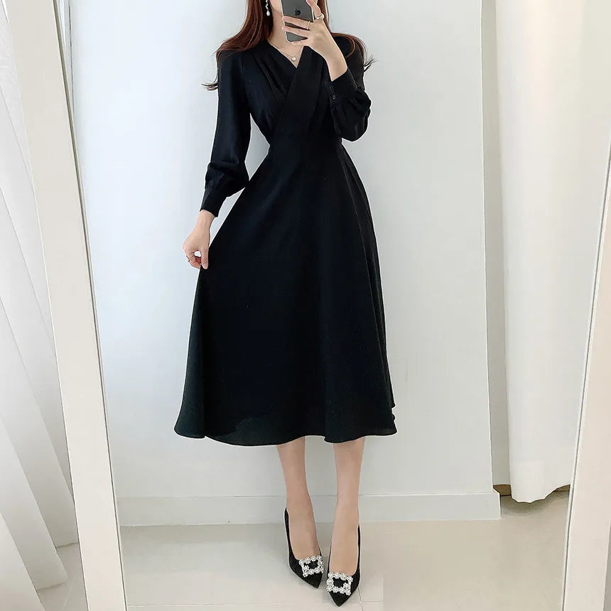 Hnewly Harajuku V-neck Puff Sleeve A-line Maxi Dresses for Woman Women Solid Color Midi Robe Korean Office Dresses Elegant Spring