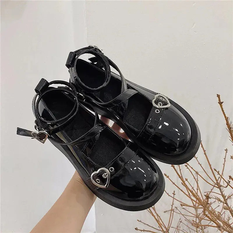 Hnewly Shoes Lolita shoes Women heels platform mary janes Star Buckle Strap Mary Janes Women Cross-tied Girls Rivet Casual kawaii shoes