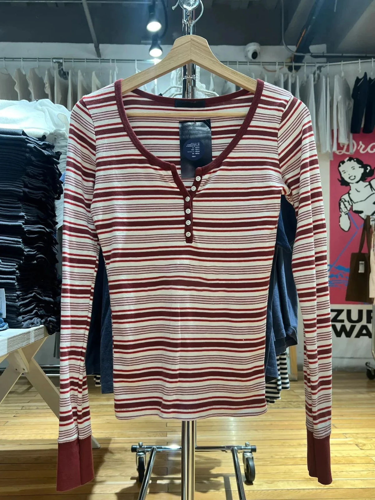 Hnewly  Pink Brown Striped Long Sleeve T-shirt Woman Spring Six Buttons O-Neck Cotton Slim Tee Sweet Preppy Style Fashion Tshirt Y2k Top