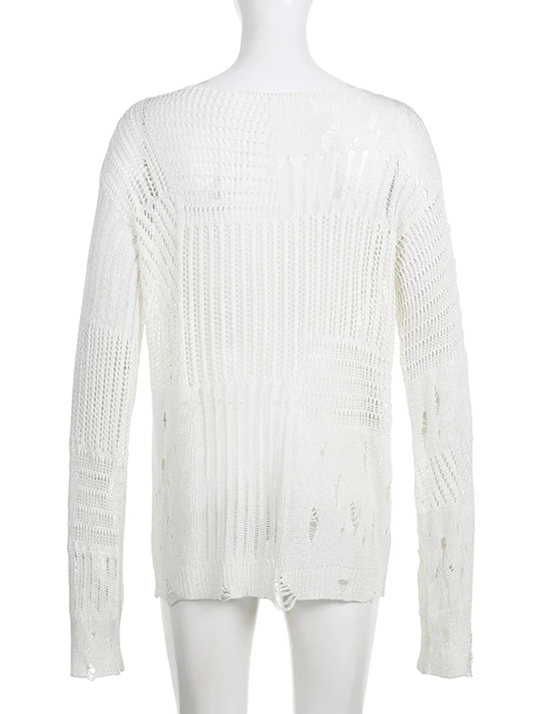 Hnewly FALL OUTFITS Vintage White Ripped Hole Grunge Sweater Women Casual Loose Jumper Solid Long Pullovers Knitted Hollow Out Holidays