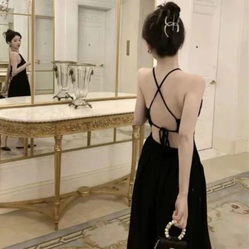Hnewly Black Halter Dress for Women Backless Sexy Elegant Holiday Summer French Style Chic A-line Party Classic Streetwear New Vestidos