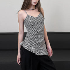Hnewly  Korean Black White Plaid Camisole Top Women Summer Ruffles Hem V Neck Tank Tops Woman Backless Streetwear Vest Female