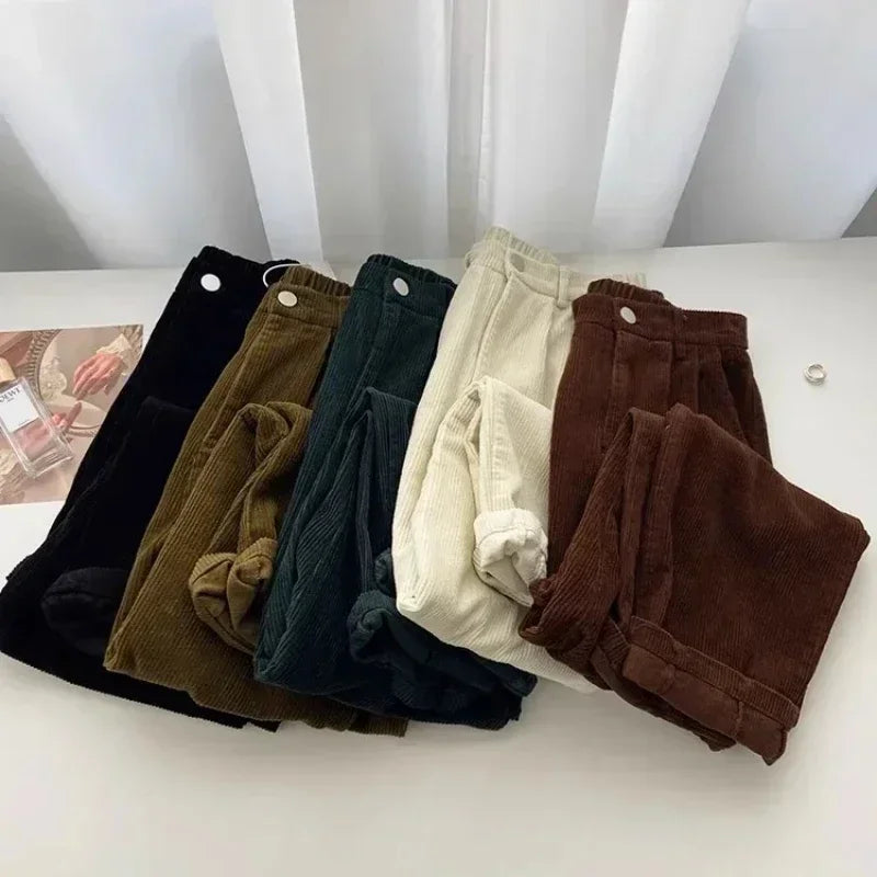 Hnewly Retro High Waist Corduroy Pants Women Spring Fall Straight Causal Full Length Trousers Korean Fashion Baggy All Match Black Pant