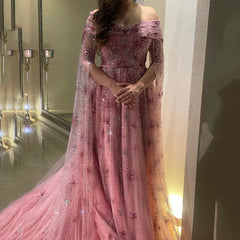 Hnewly  Charming Pink Boat Neck Shiny Sequin Tulle Evening Dress A-Line Floor Length Sweep Train Custom Made Zipper Prom Dress