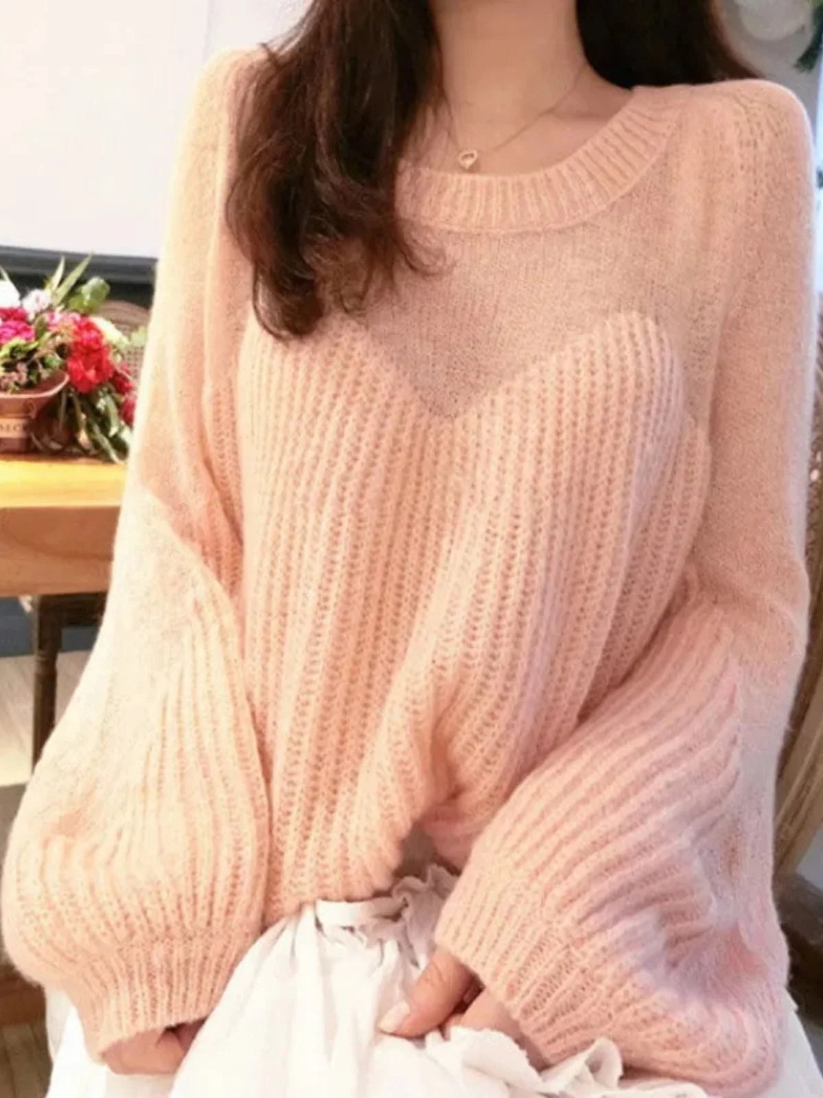 Hnewly  Semi Sheer Mohair Knit Sweater for Women See-through Bell Sleeve Crewnek Pullover Women Spring Autumn Teen-girl Faircore Outfit