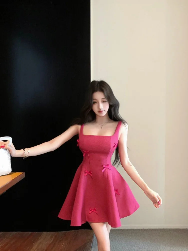Hnewly  Woman Dress Sleeveless Bow Square Collar Summer Fashion Elegant Backless Vintage Sexy Mini Dresses Party Female
