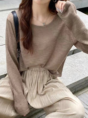 Hnewly  Breezy Long Sleeve Knit Top for Women Breathable O-neck Boxy Pullovers Blouse Summer Sunscreen Shirt Cover Up Casual Outfit