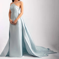 Hnewly  Sparkly Beaded Spaghetti Straps Blue Evening Dresses Satin Sleeveless Prom Dress Women Formal Occasion Wedding Party Gowns