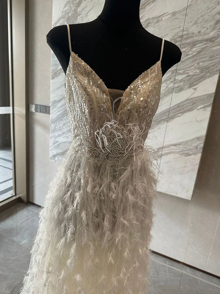Hnewly Fashion Women Dress Sleeveless V Neck Feather Glitter Splicing Female Summer Party Dresses New Tide