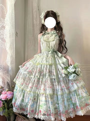 Hnewly  Princess Tea Party Sweet Elegant Dress New Summer Dresses Women's High-waisted Slimming Sleeveless Bow Lace Print Dress
