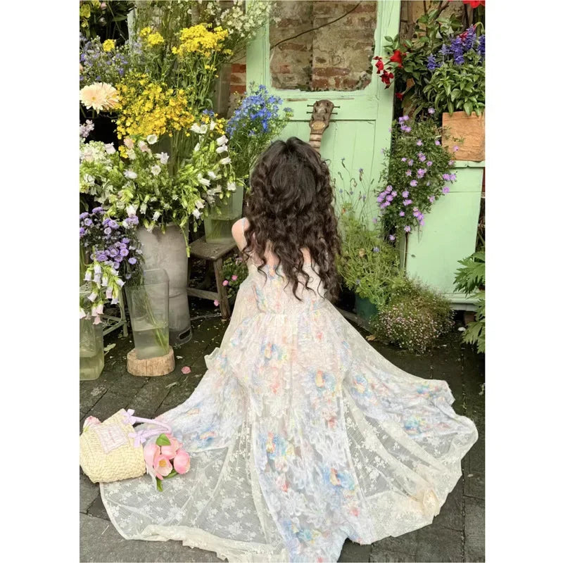 Hnewly French Floral Print Strapless Long Dress Women's Fashion Summer New Style Slimming Maxi Skirt Elegant Women's Clothing