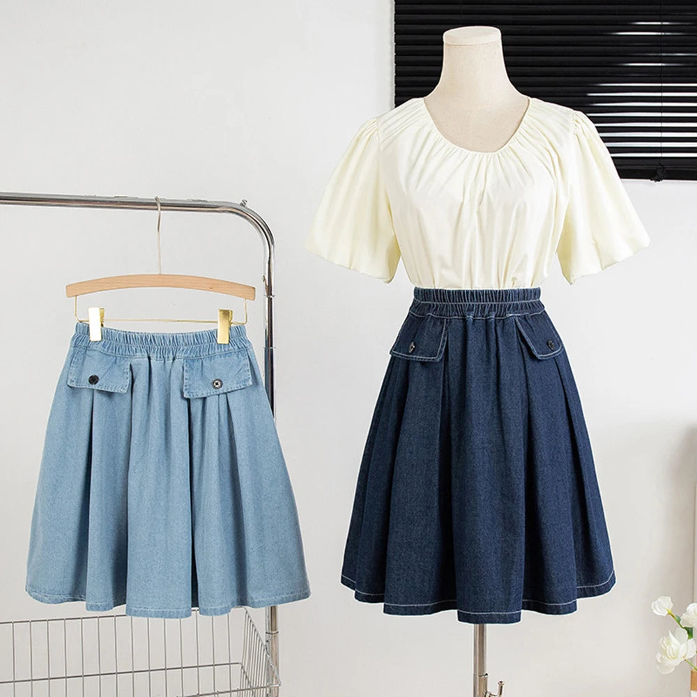 Hnewly M-5XL Oversize Denim Skirt Women's New Elastic High Waisted A-line Loose Fit Retro Knee-length Skirt with Built-in Safety Shorts