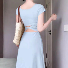 Hnewly  Sexy Ruched Blue Bodycone Dress for Women Korean Solid O-Neck Maxi Dresses Woman Y2K Summer Short Sleeve Long Vestidos Mujer