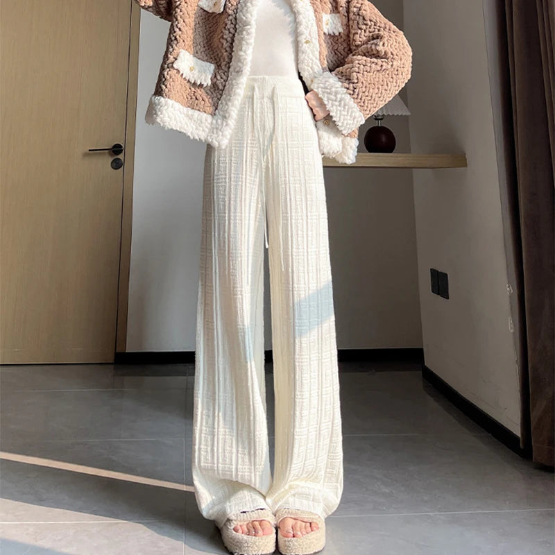 Hnewly  Solid Color Knitted Jacquard Pants Women Drawstring High Waist Trousers Woman Casual Elastic Waist Wide Leg Pants Mujer