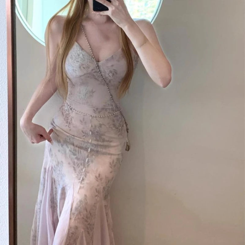 Hnewly French Vintage Y2k Elegant Boho Midi Dress Female Slim Sexy Lace Print Camisole Long Dress Sequin High Waist Dresses Even Party