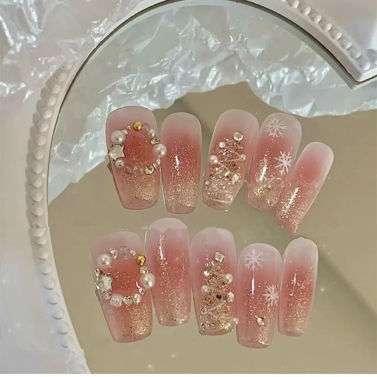 Hnewly 24Pcs False Nails French Gradient Ballet Fake Nails Press on Nails Black Heart Rhinestone Design Glitter Full Cover Nail Tips