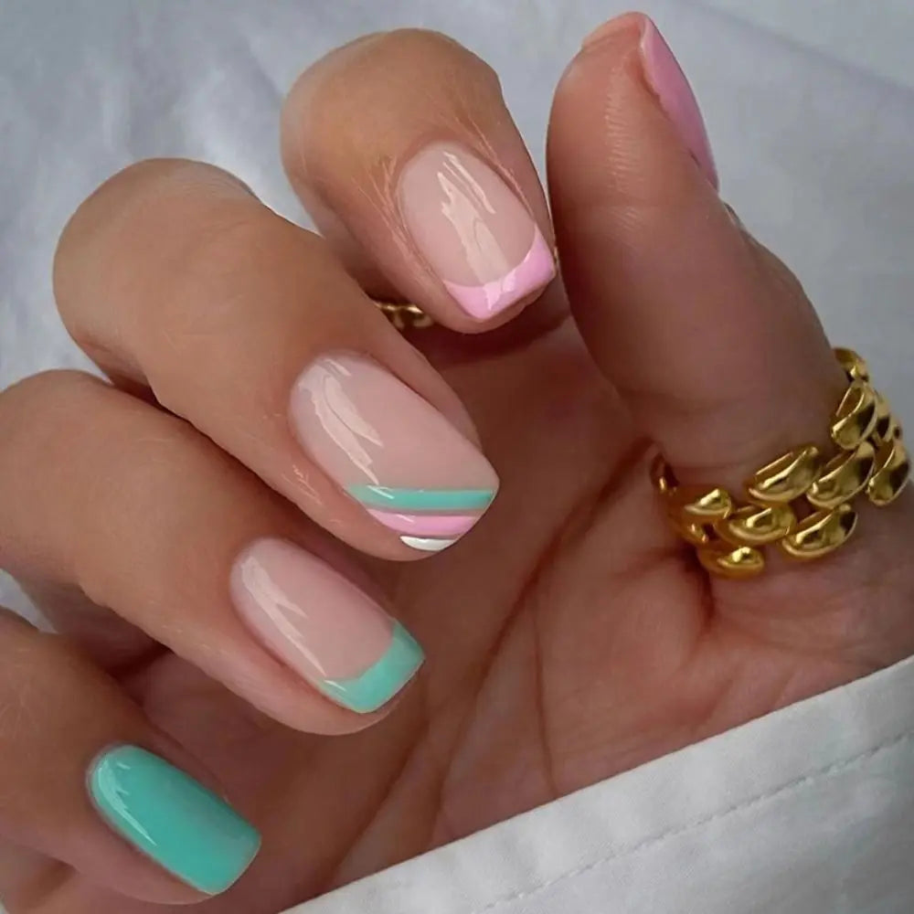Hnewly 24Pcs Press On Nails Simple French Colorful Wavy Abstract Line Fake Nails Full Cover Nail Art Tips Coffin Square Head False Nail