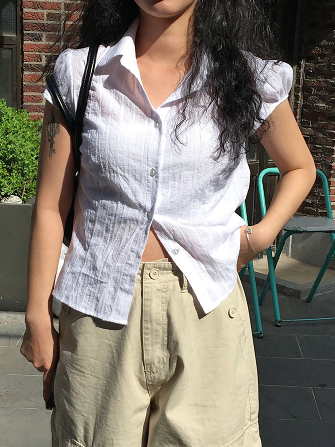 Hnewly Elegant Fashion Solid Stripped Blouse Basic Slim Turn-Down Collar Short Puff Sleeve Shirts Women 2024 Summer Office Lady