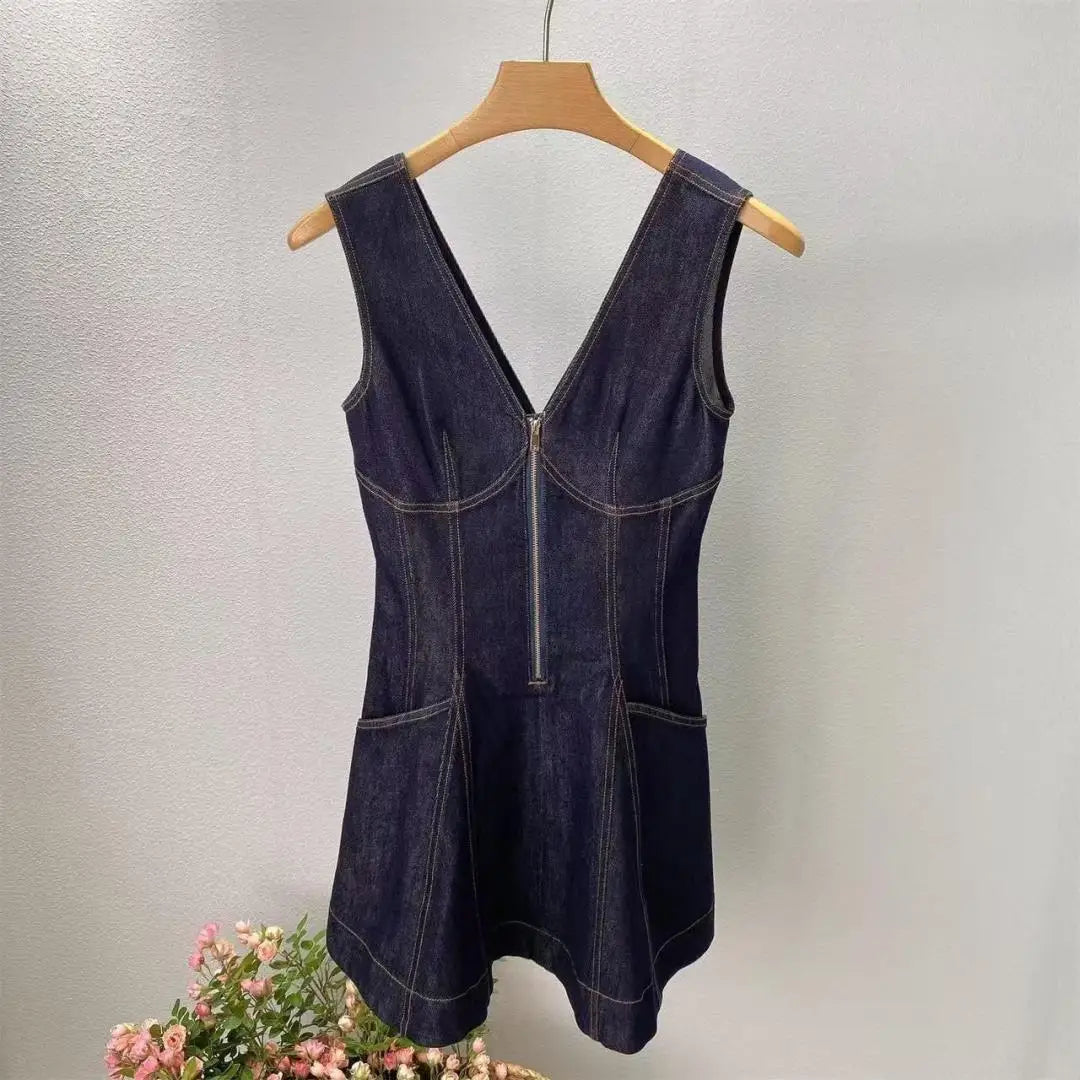 Hnewly  French Vintage Elegant Denim Mini Dress Summer Sleeveless for Woman High Waist Pleated Dresses Spring V Neck Party Dress