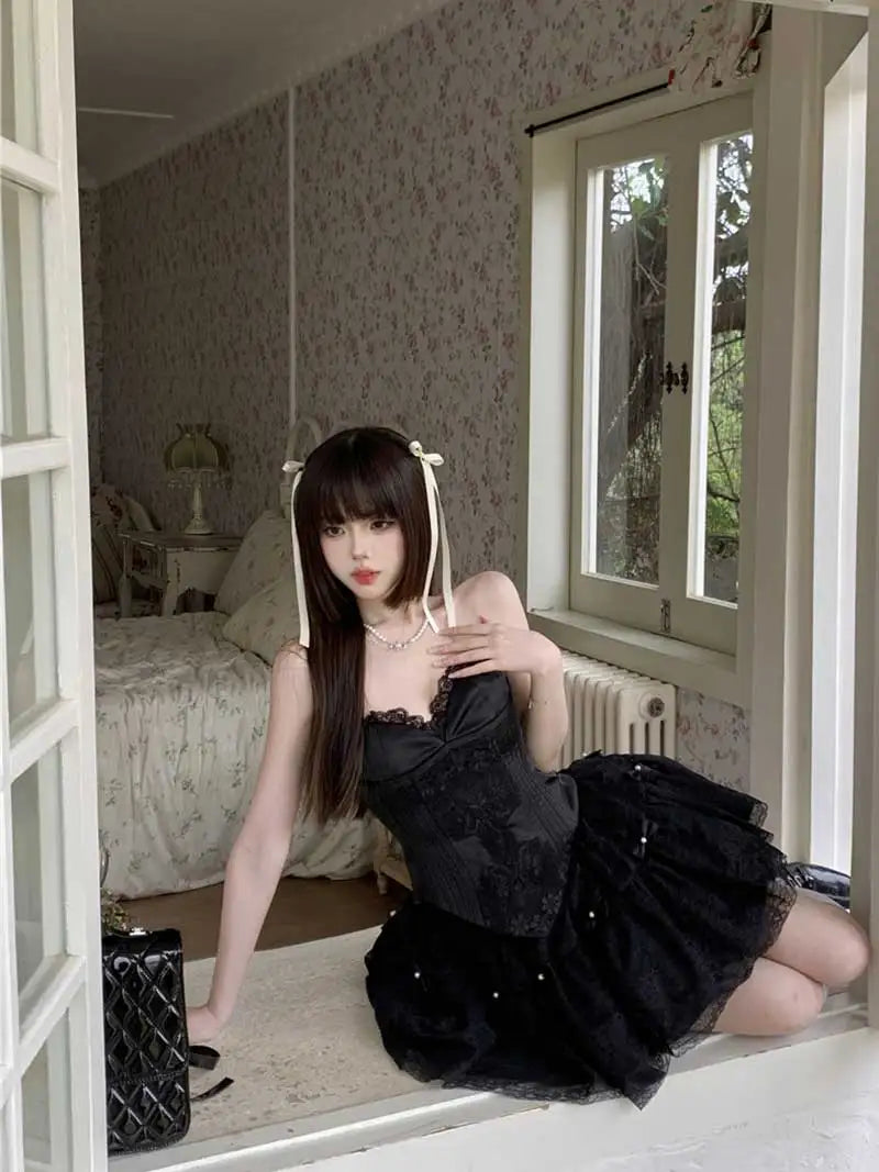 Hnewly DRESS TO IMPRESS Women Corset Top Tulle Tutu Underskirt 3-piece Set Lace-up Boned Tube Top Bow Stitch Puffy Mini Skirt Retro Black Suit