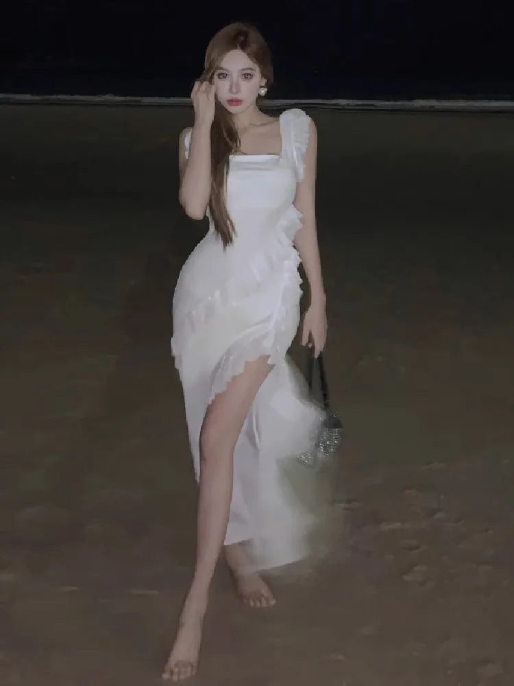 Hnewly  Women Dresses Ruffles Patchwork Irregular Split Square Collar Backless Holiday Temperament Party Dress Female Chic