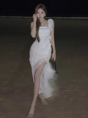 Hnewly  Women Dresses Ruffles Patchwork Irregular Split Square Collar Backless Holiday Temperament Party Dress Female Chic