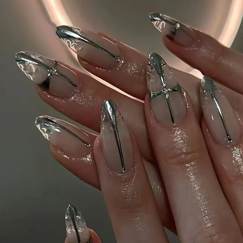 Hnewly 24Pcs French Gold Edge Wearable Almond Press on Fake Nails Simple Pearl Decoration False Nails with Glue Full Over Manicure Tips