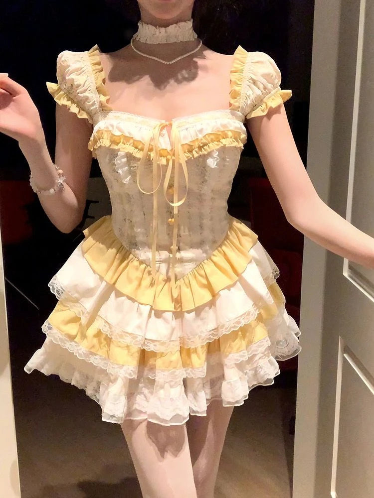 Hnewly Elegant Sweet 2 Piece Skirt Sets Female Lace Pleated Y2k Crop Top + Cute Mini Cake Skirts Japanese Lolita Vintage Suits Summer