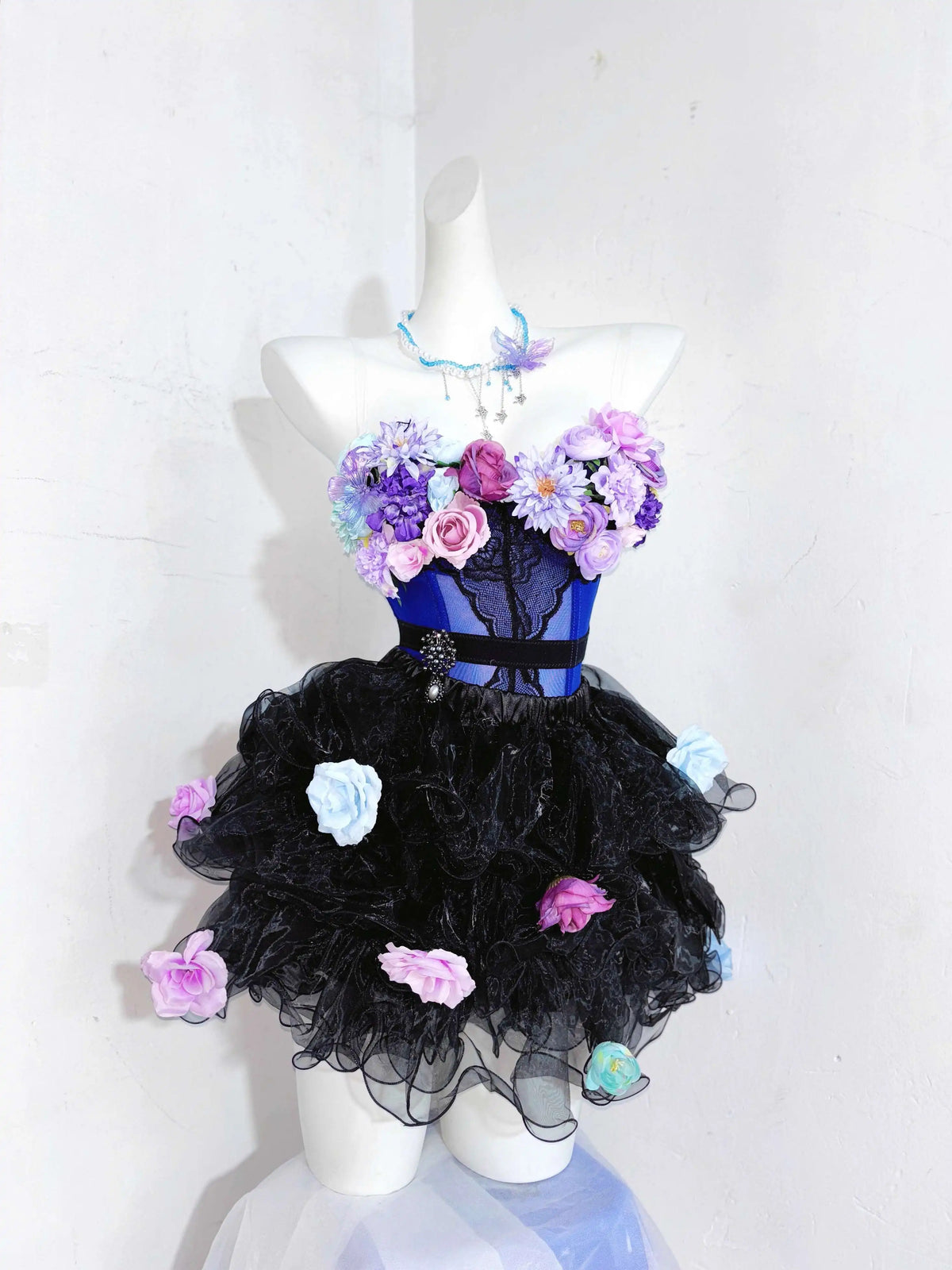 Hnewly  Lovely Dress Lolita Costume Handmade Princess Blue Flower Fishbone Split Dress With Waist And Puff, Affordable Wedding Dress